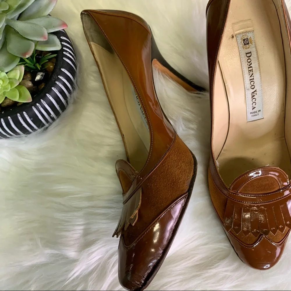 DOMENICO VACCA Italian Made Suede and Leather Burnt Caramel Kiltie Pumps, 38